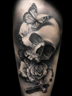 Butterfly skull cross rose tattoo