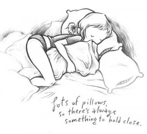 bed, black and white, cartoon, girl, pillows, sleep, text