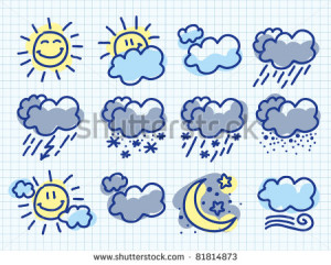 set of funny weather symbols on paper page - stock vector
