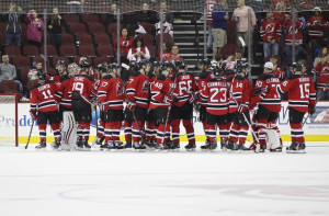 The New Jersey Devils celebrate after defeating the New York Rangers ...