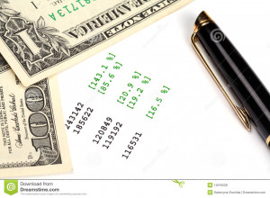 Pen and Dollar Currency on the document with financial quotes.