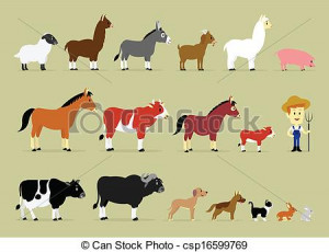 Cute Cartoon Farm Characters including a farmer and 17 animals (Sheep ...