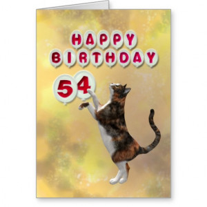 Playful cat and 54th Happy Birthday balloons Card