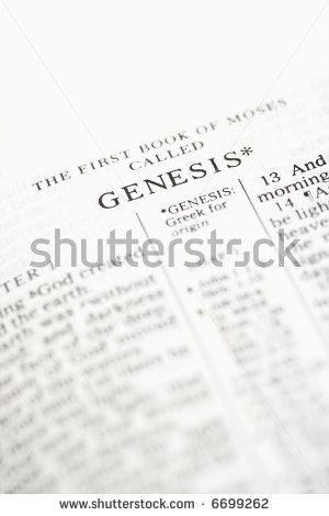 Selective focus of Genesis verses in open Holy Bible. - stock photo