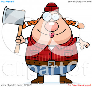Cartoon Of A Happy Chubby Female Lumberjack Holding An Axe - Royalty ...