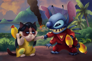 Grumpy Cat & Stitch Fighting Crime In Disney & Meme Crossover Art