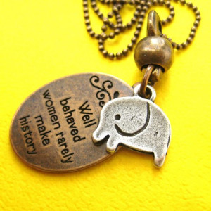 Elephant Cute Animal Round Pendant Necklace in Bronze with Quote