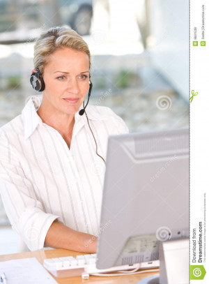 Face of young charming confident business woman with headset. HD ...