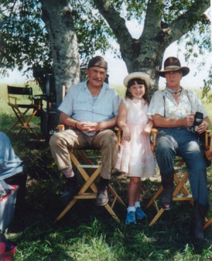 Robert Duvall, Jennifer Stone, and Michael Caine on the set of