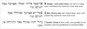 three verses of the Alphabetic Psalm 145, with the initial Hebrew ...