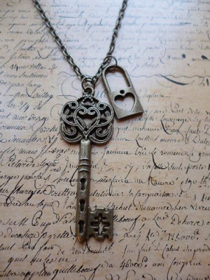 Vintage Bronze Alice in Wonderland Lock and Key Heart Bronze Necklace ...