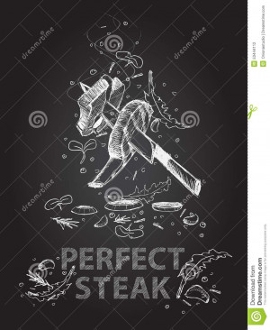 Hand drawn perfect steak quotes illustration on black chalkboard.