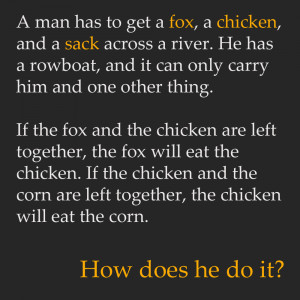 man has to get a fox, a chicken, and a sack across a river. He has a ...