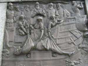 Sir Francis Drake buried at sea. One of 4 bronze relief plaques on the ...