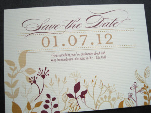 Front of save the date recipe card (note quote from Julia Child!):