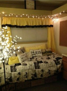 ... paris bedroom, paris theme, christmas lights, black white, trees, dorm