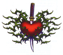 Knife in red heart with green thorns. Temporary tattoo. Hearts. Sheet ...