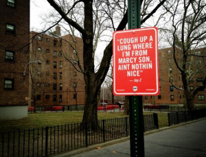 ... sign outside the Marcy Houses in Brooklyn where rapper Jay-Z grew up