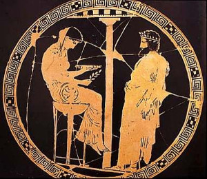 Céramique grecque Égée consultant l'oracle de Thémis