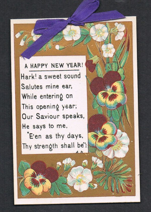 Victorian New Year's Card 1877 Bible Verse Quote Pansies Purple Ribbon ...