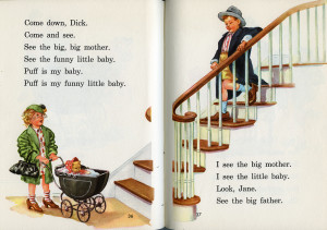 Detail of two pages from a Dick and Jane Primer