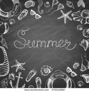 Summer set on the blackboard. Hand drawn retro icons summer beach set ...