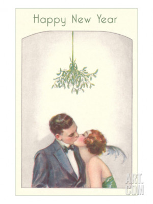Happy New Year, Couple Kissing Under Mistletoe Print