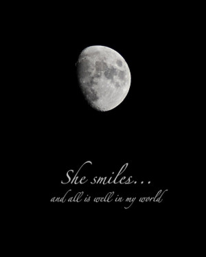 She Smiles, waxing gibbous moon print with quotation, black night sky ...