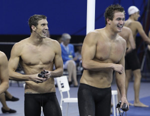 Michael Phelps and Nathan Adrian share a laugh at the FINA Swimming ...