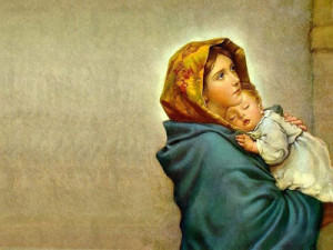 Virgin Mary caring Baby Jesus in her hands Image