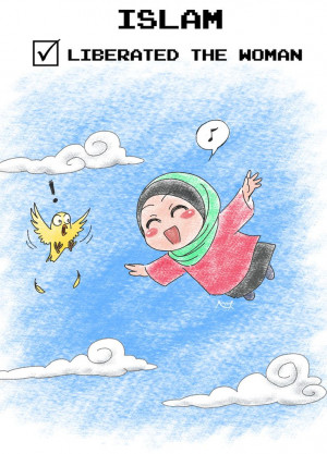 Islam Liberated the Woman (Poster With Happy Chibi Muslimah Drawing)