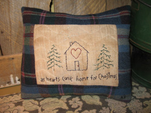 Embroidery Christmas Pillow w sayings and wool plaid flannel - JKB