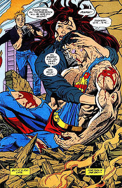 ... corpse of Superman, while a sad Jimmy Olson takes pictures behind her