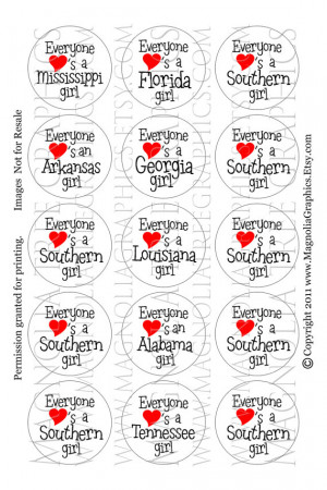 Bottle Cap Digital Images Southern Girl State Sayings