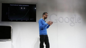 Sundar Pichai, senior vice president at Google, speaks during a Google ...