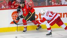 Mark Giordano (5) and Detroit Red Wings centre Gustav Nyquist ...