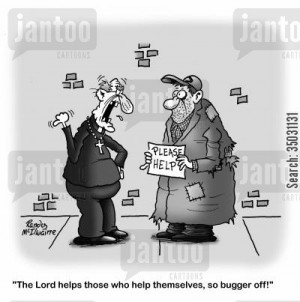 bible verse cartoon humor: 'The Lord helps those who help themselves ...