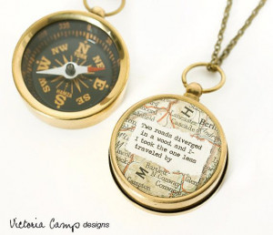Map Compass Necklace with Robert Frost or Personalized Quote, Working ...