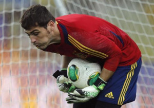 Spain's national soccer team goalkeeper Iker Casillas saves a ball ...
