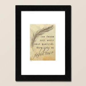 Vintage style Coco Chanel Quote in French with Feather Print FRAMED