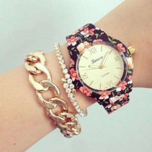 jewels watch floral flowers pink red black jewelry gold cute .vintage ...