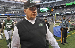 Rex Ryan heads to the locker room after the Jets lost to the Dolphins ...