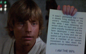 Luke Skywalker holding up a sheet of paper that reads 