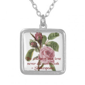 Shakespearian Love Quote and Vintage Red Rose Square Pendant Necklace