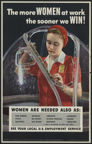 This WWII Poster shows a woman working in an airplane factory, and is ...
