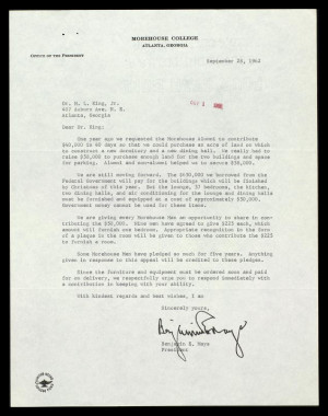Fundraising Letter from Dr. Benjamin Mays to Dr. MLK, Jr.