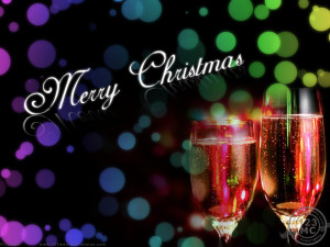 Merry christmas in black background with wine bottle