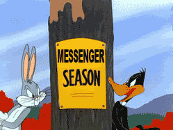Bugs and Daffy from 'Rabbit Season/Duck Season' skit, with sign on ...