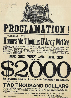 Avis de recherche pour l'assassin de l'honorable Thomas D'Arcy McGee