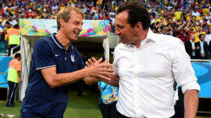 ... Jurgen Klinsmann (L) of the United States and Marc Wilmots of Belgium